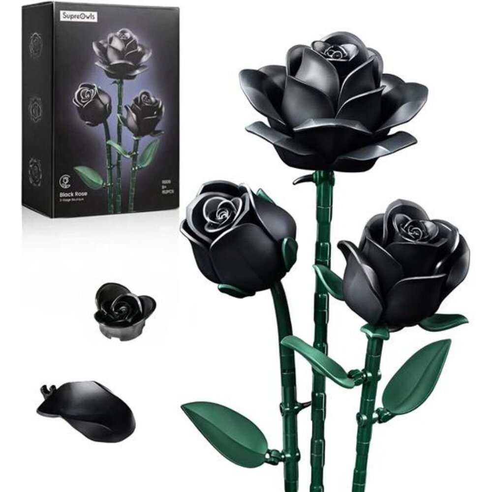 Black Roses Flower Building Set - 3Pack, Compatible with Lego Bouquet for Adults